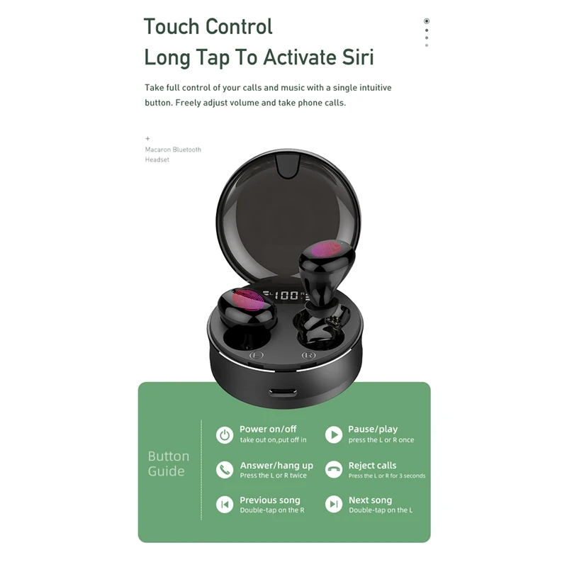 Bluetooth Headphones Contact Control with Wireless Charging Case IPX6 Waterproof TWS Stereo Earphones In Ear for Sport