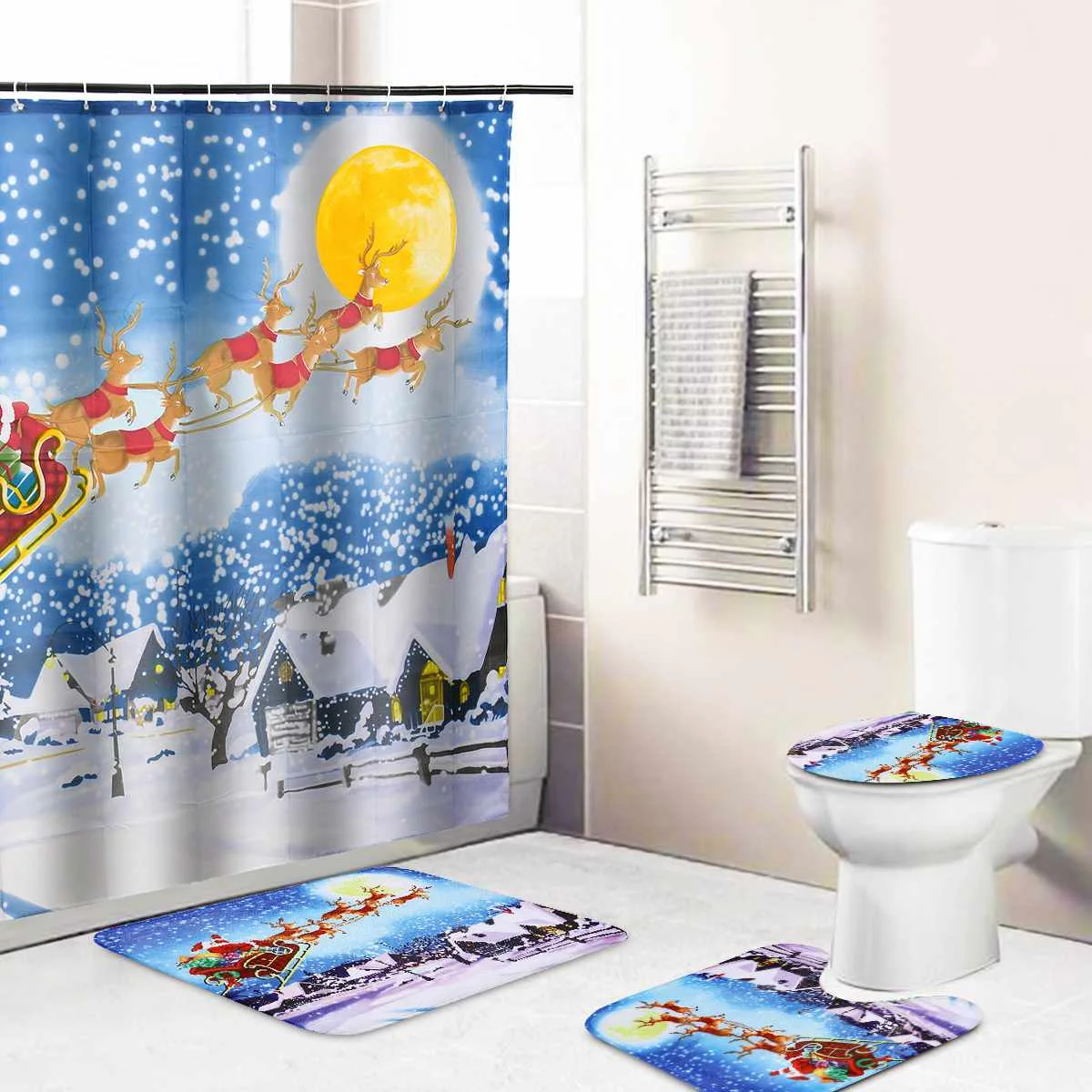 4Pcs Bathroom Santa Claus Shower Curtain Non Slip Lid Toilet Cover Rugs Mat Set