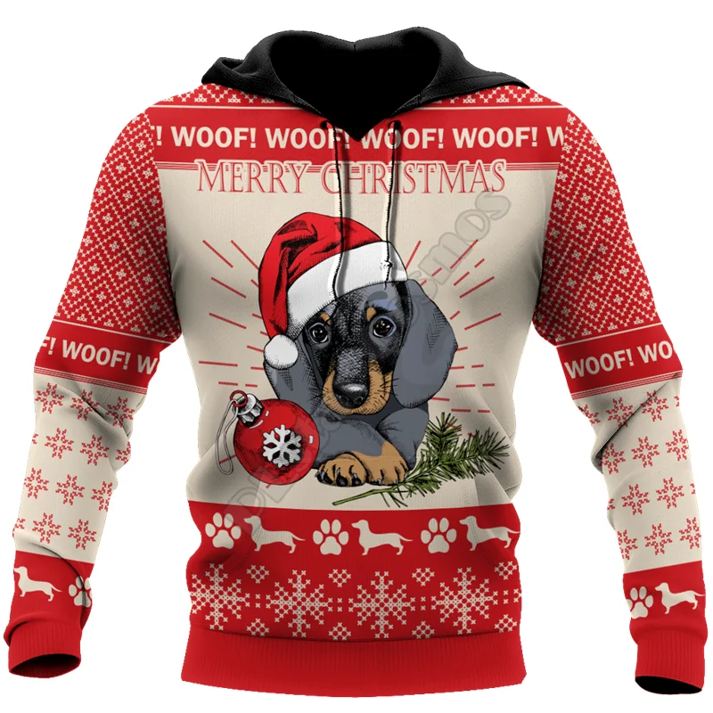 

Premium Christmas Dachshund Dog Red 3D printed Hoodies Sweatshirt zipper hoodies women For men Christmas Cosplay Costumes