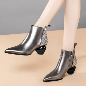 

Bling Genuine Leather High Heels Women Winter Ankle Boots New Elegant Pointed Toe Shoes Woman Chelsea Boots Shoes
