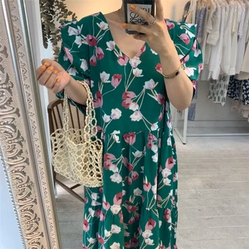 

Print Floral Loose Casual Sweet Girl Hoe Casual Loose Deep Green Maxi Dress Hot Summer Dress for Women Vintage V-neck Vestido