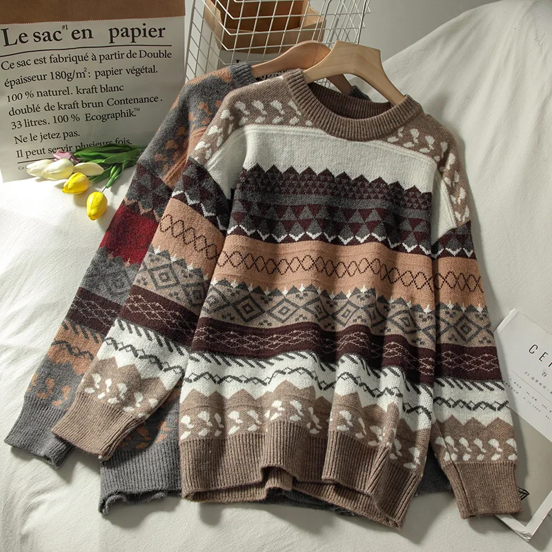 

Casual Loose Argyle Graphic Sweater Women O Neck Tops 2023 Autumn New Long Sleeve Pullover Knitting Sweaters Vintage Streetwear