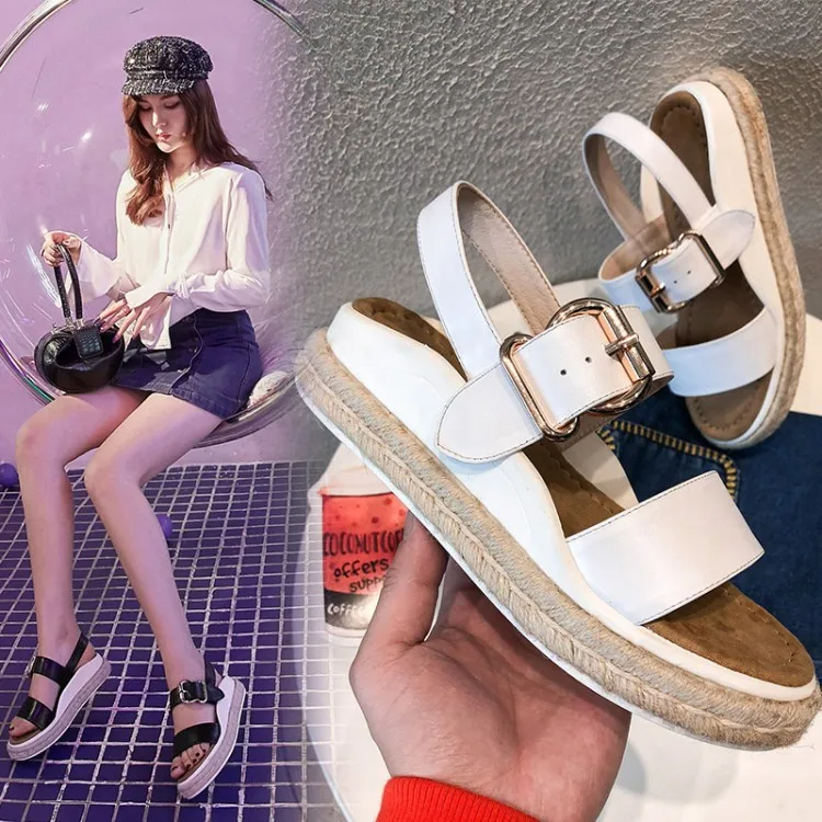 

2018 Spring And Autumn New Style Korean-style Cowhide Flat Slanted Heel Sporty WOMEN'S Sandals Straw Thick Bottomed Waterproof P