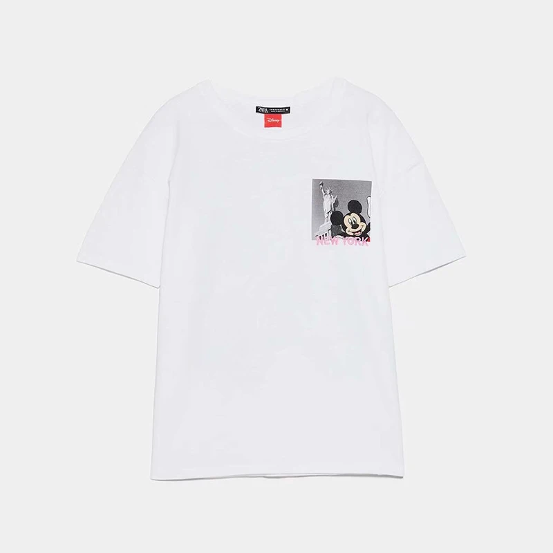Женская футболка za Элегантная стильная белая футболка с круглым вырезом и принтом мультяшной мыши милый женский Повседневный пуловер Топ с коротким рукавом