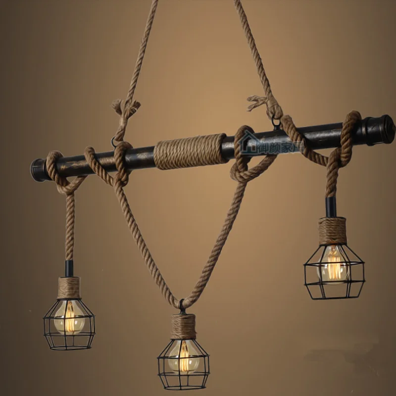

American Country E27 Edison Industrial Vintage Metal Water Pipe Hemp Rope Pendant Light Home Decoration Drop Lamp Rustic Loft