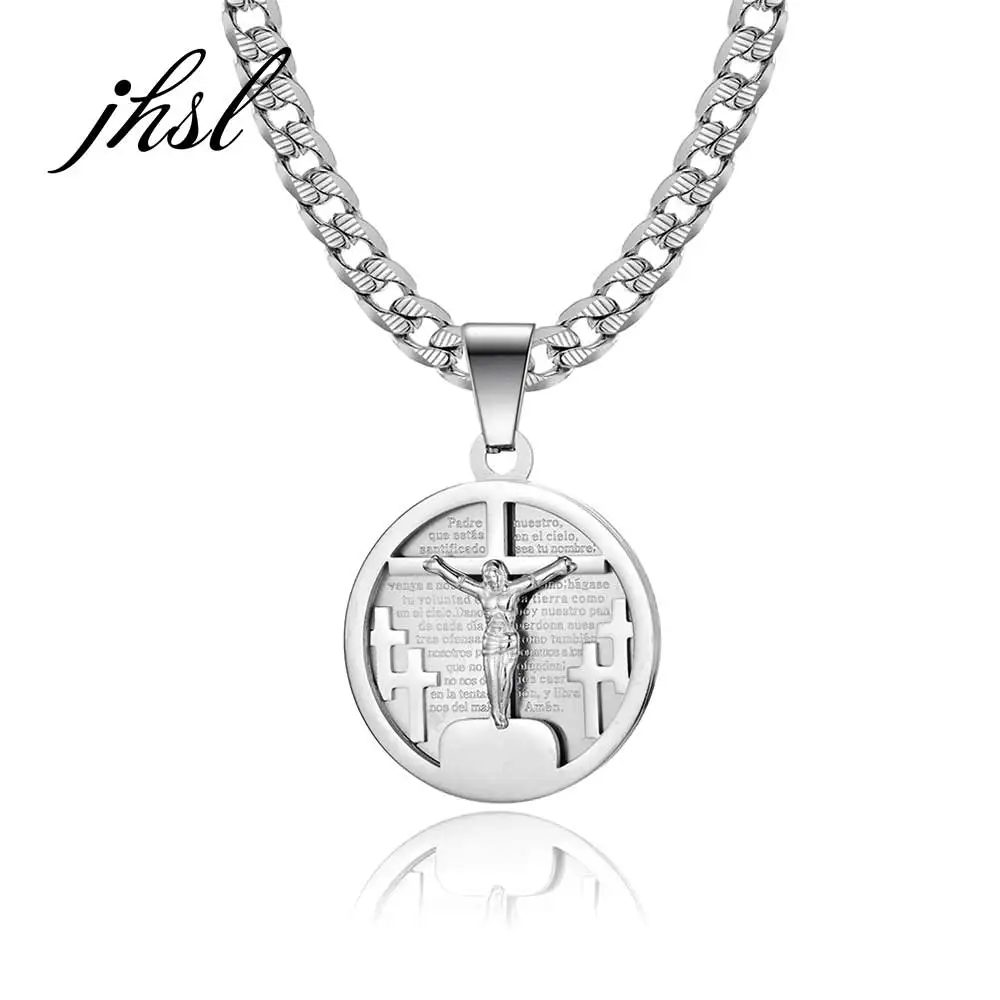 

JHSL Men Big Large Lord's Prayer Jesus Round Pendants Necklace Fashion Jewelry Stainless Steel Black Gold Color Dropship