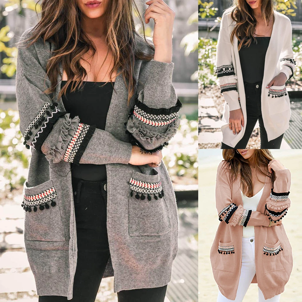 Женский богемный с длинными рукавами открытый передний вязаный кардиган с карманами богемный трикотажные свитера пальто винтажный кардиган#20