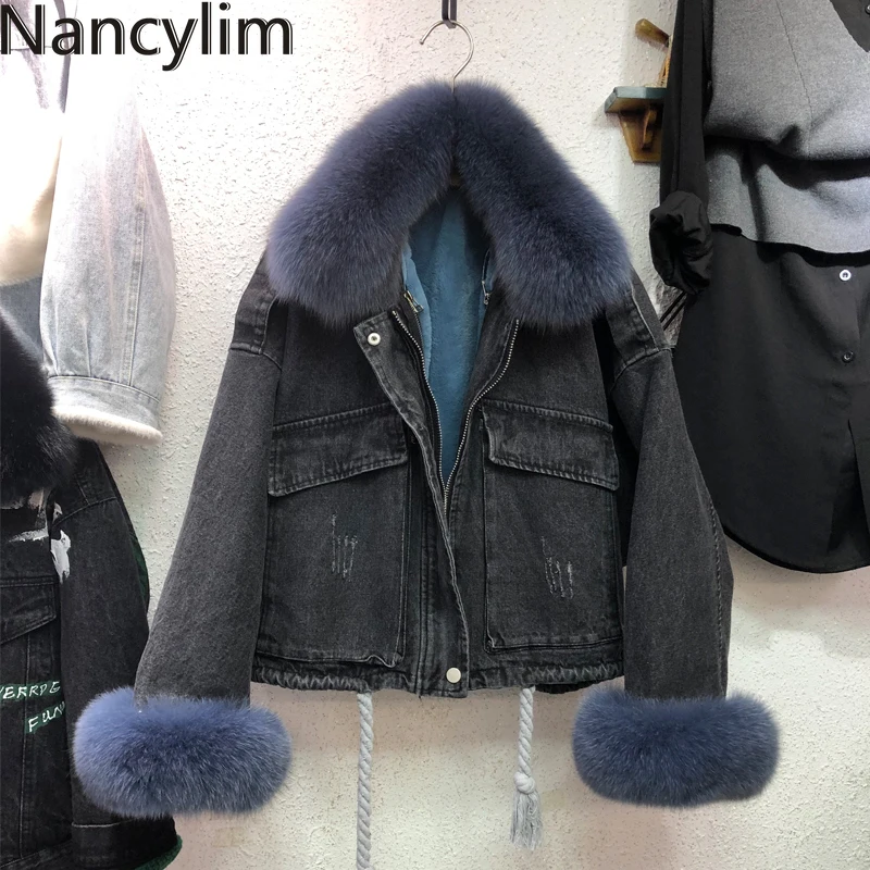price cut  Real Fox Fur Collar Denim Jacket Women 2019 Winter Coat Loose Fox Fur + Faux Rabbit Fur Liner Detac
