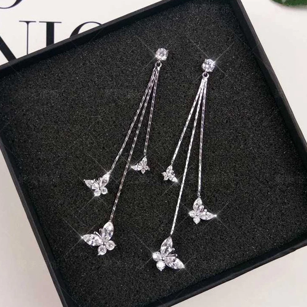Long Tassel Butterfly Drop Earrings Silver Fashion Hanging Women Earrings Jewelry Girls Gifts Pendant Dangle dangle earrings drop earrings pendant earrings butterfly earrings long earrings crystal tassel earrings