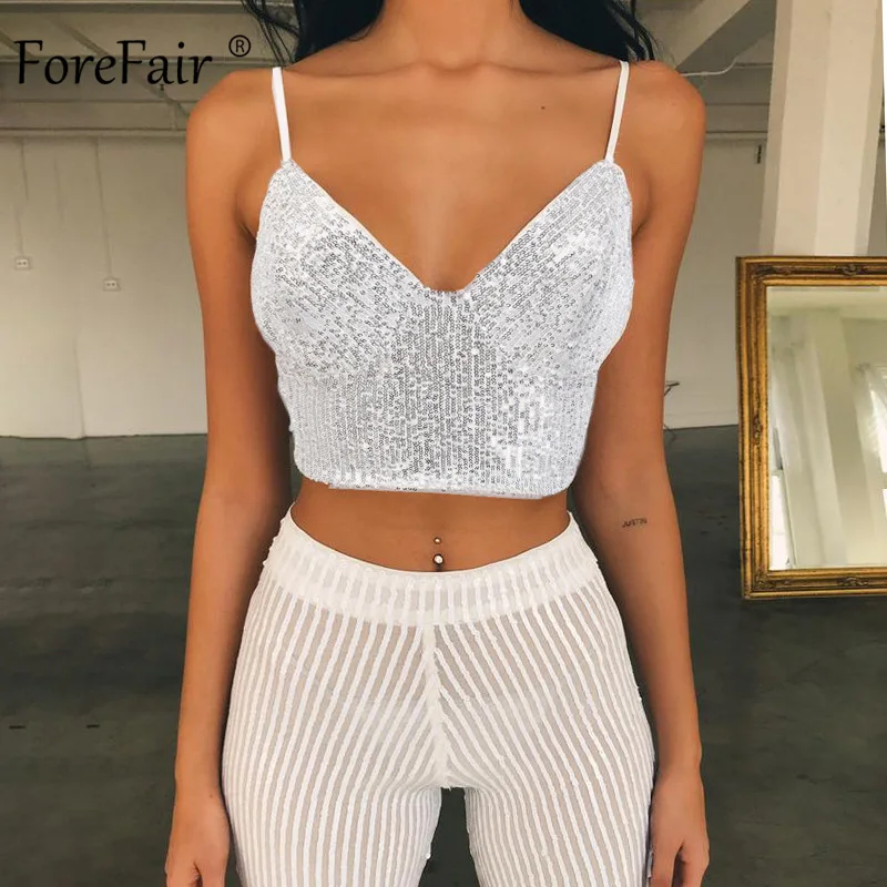 Crop Forefair, ropa de fiesta para mujeres con lentejuelas, 2020, escote en V, lentejuelas, blanco, Sexy, sin mangas cortas de verano - AliExpress Ropa de mujer