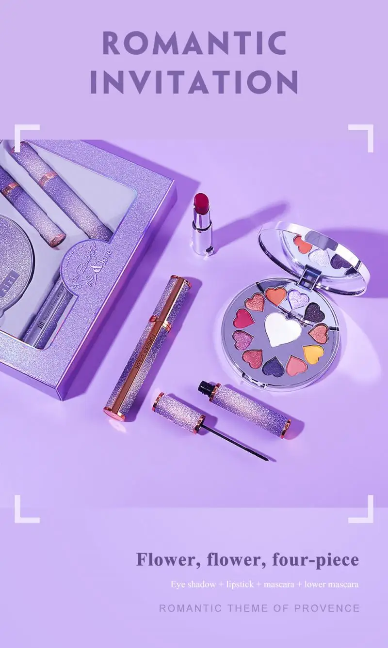4 шт./компл. набор для макияжа романтический фиолетовый make up Набор теней для век поддон тушь для ресниц губная помада Комплект maquiagem де maquiagem TSLM1