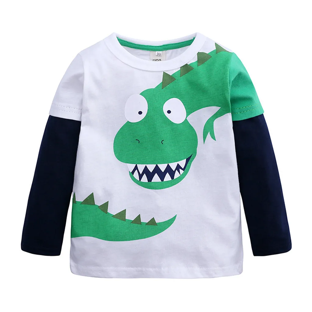 Toddler Children Cartoon T-shirts Boys Dinosaur Patchwork Long Sleeve Casual T-shirts Tops Outfits Clothes Pullover Loose Tees