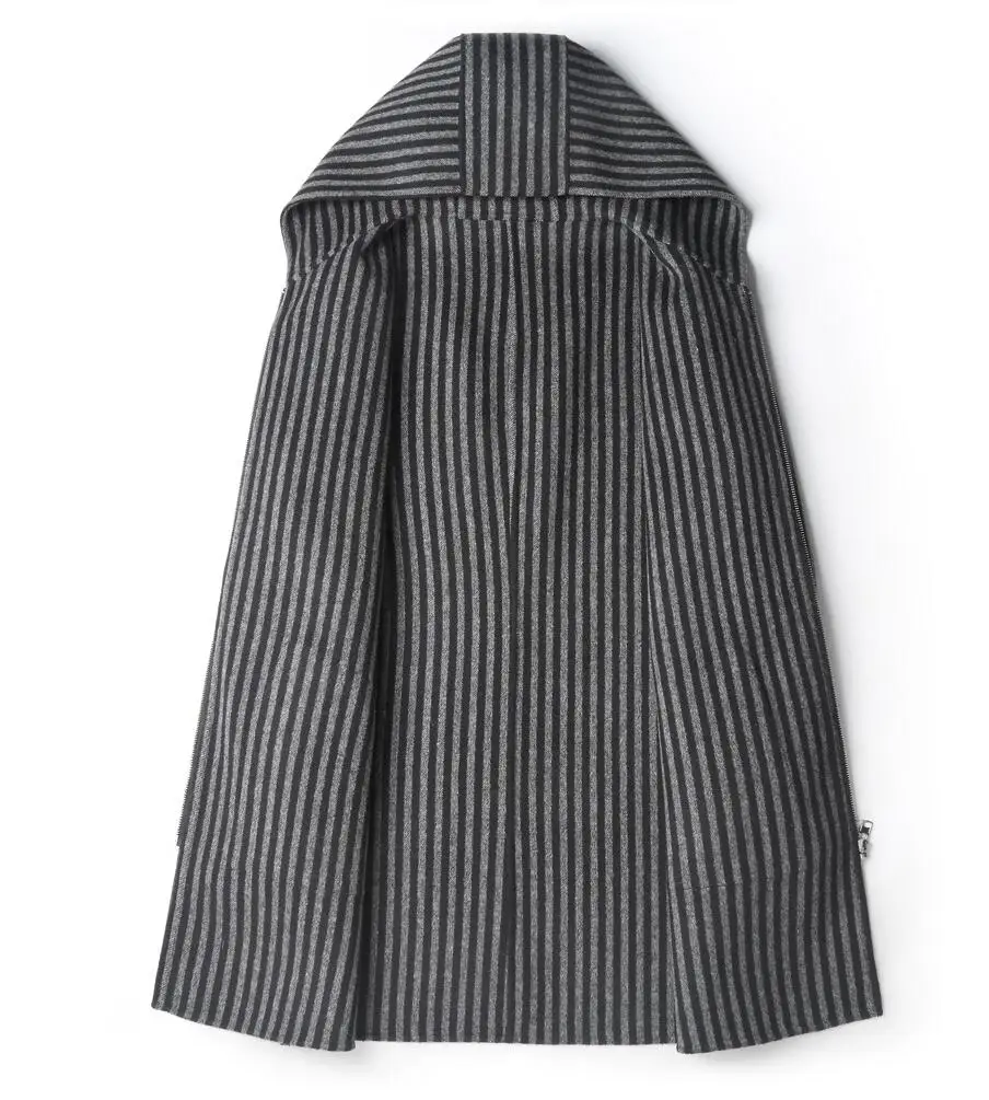 Autumn Winter Double Sided Wool Coats Top Quality Warm Hooded Striped Long Jackets casaco D-04-19525 MF642