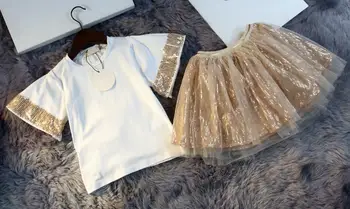 

Girls Children'sSummer New Fashion Pure Cotton Sequined Patchwork Cuff Mesh Gauze T-shirt + Skirt Suit 2-Piece Set 100-140 Kids