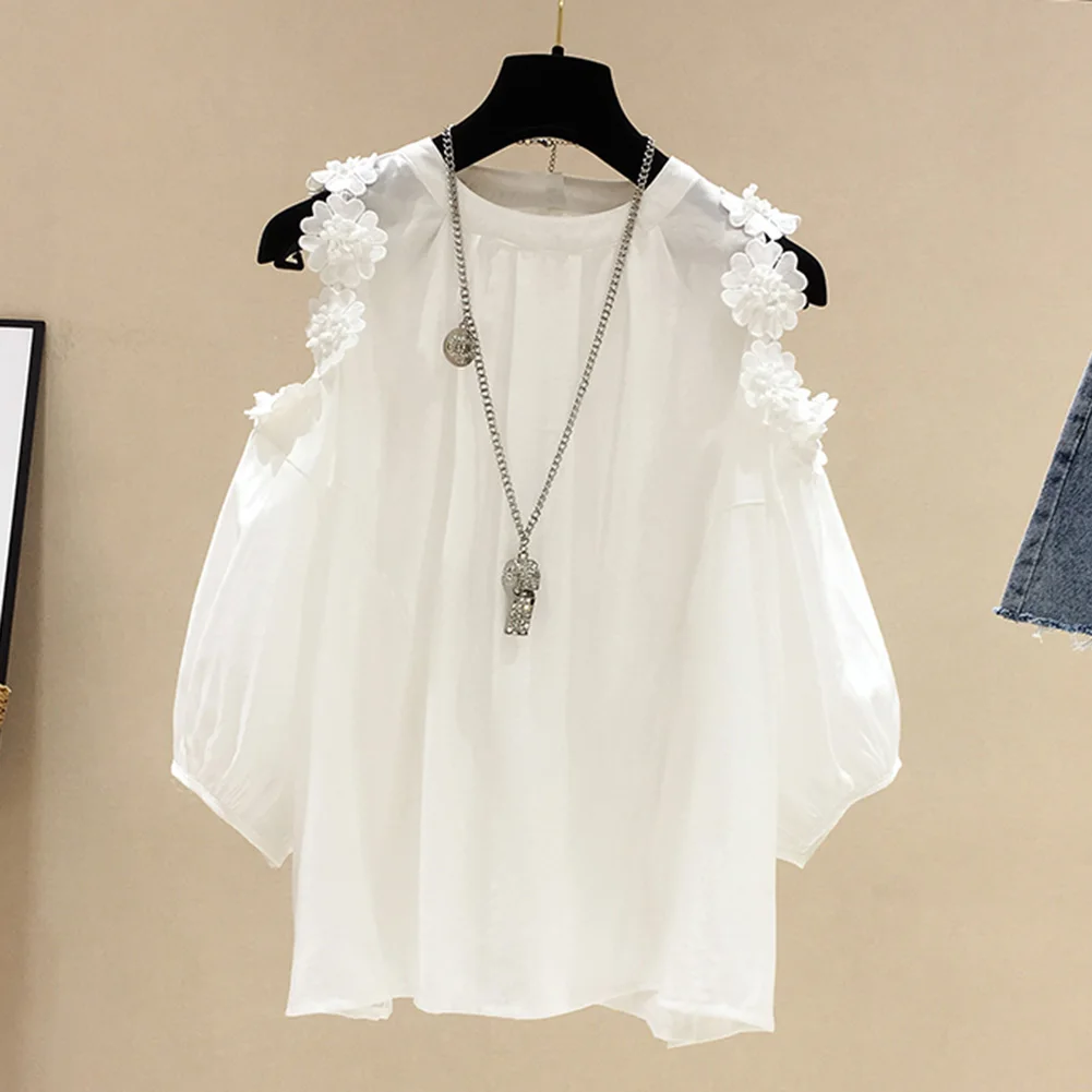 

Female Sexy Solid Color Chiffon Shirt Mid-Long Sleeve Casual Loose Style Cold Shoulder Flower Decorations Casual Blouse Tops