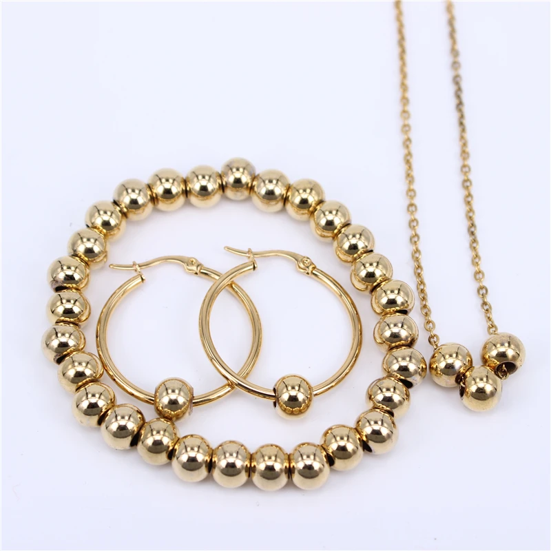 earring size 30mm Три набора гладких бусин из нержавеющей стали ювелирные изделия(браслет серьги ожерелье) 3 цвета на выбор Размер серьги бесплатно 10 мм-70 мм - Окраска металла: earring size 30mm