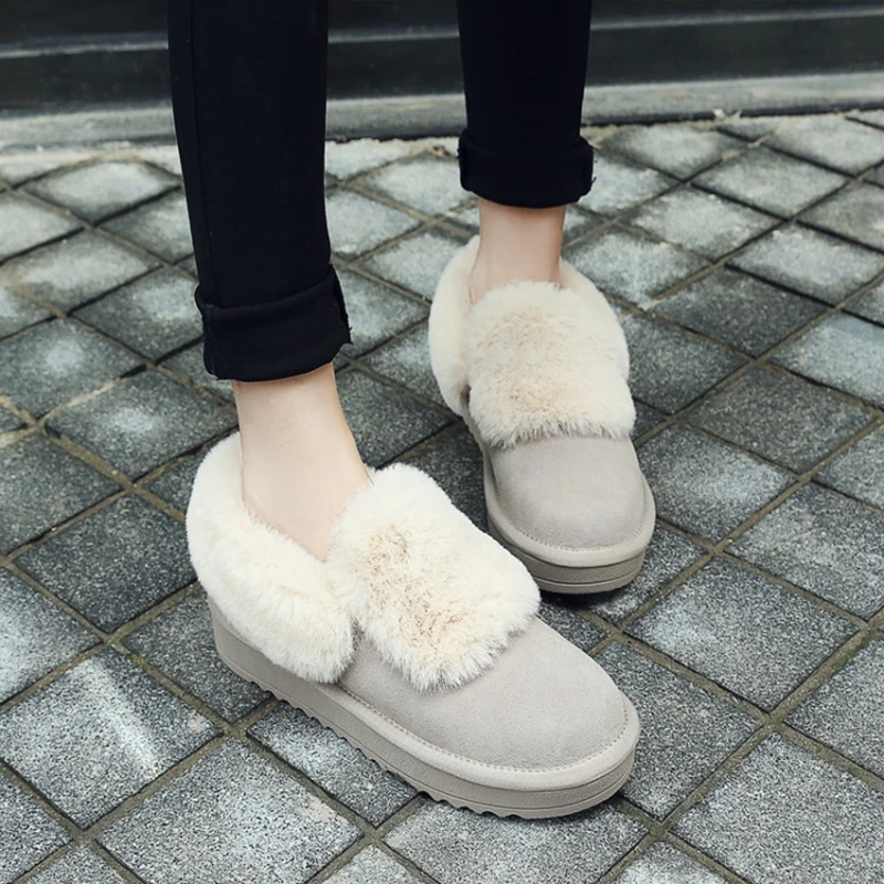 

2020 winter cow suede ankle boots round head flat warm plush women's shoes macarons snow boots flat heels slip-on boots