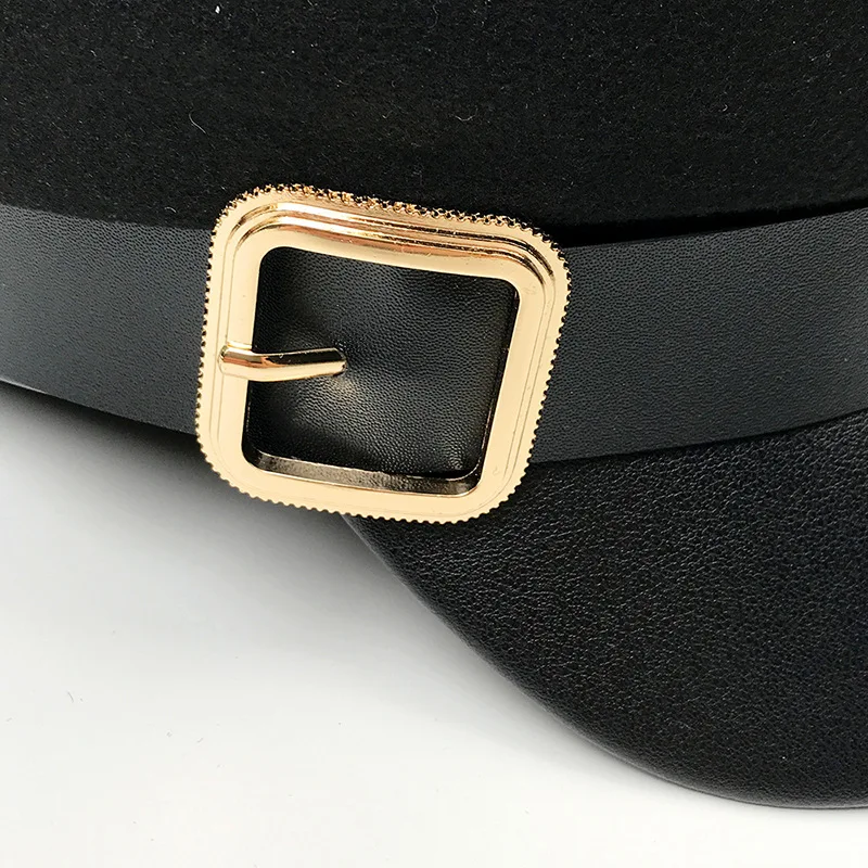 YOYOCORN Buckle Autumn Winter Fashion Wool Pu Leather Patchwork Newsboy Caps With Belt Female Gorras Women Black Military Hats