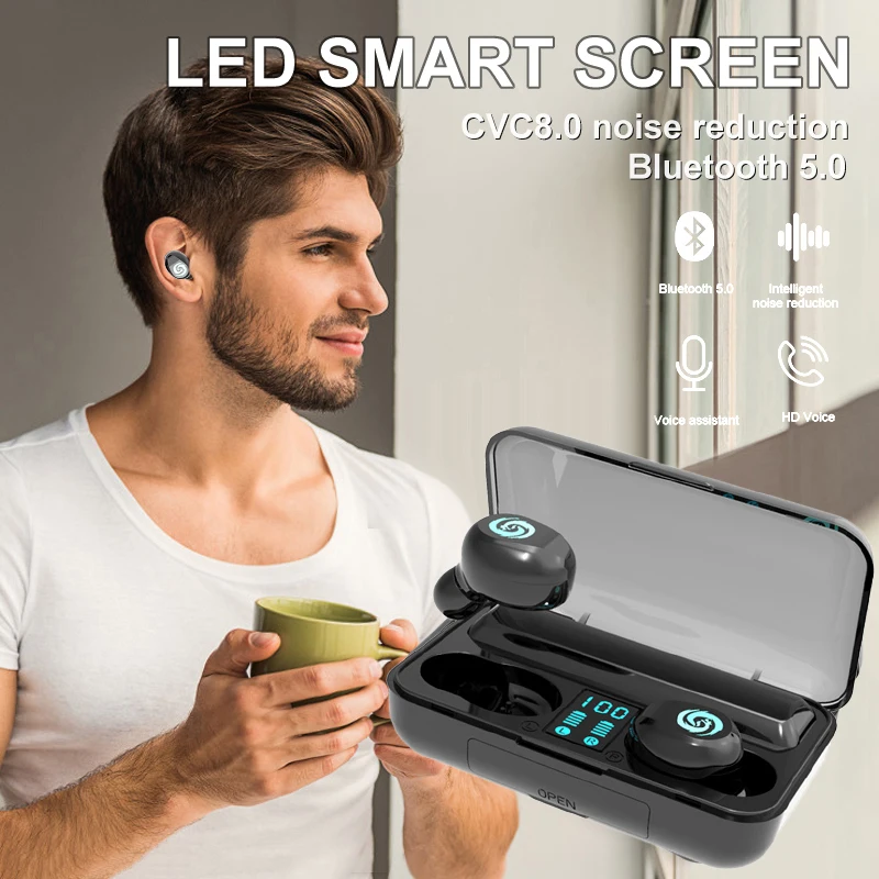 TWS 5,0, Bluetooth наушники, беспроводная гарнитура Blutooth, Спортивная, 8D, стерео гарнитура, наушники с 2000 мА/ч, светодиодный, умный внешний аккумулятор