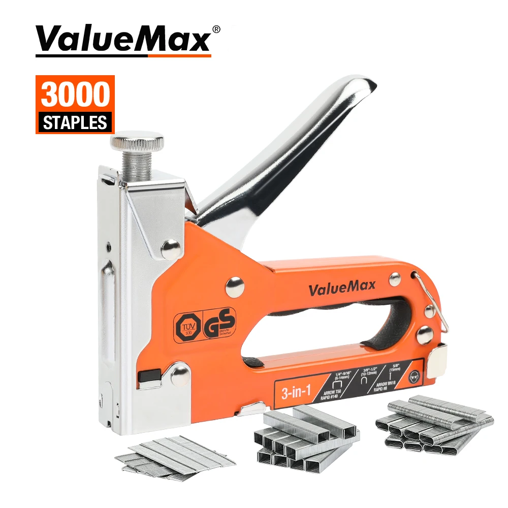 ValueMax-grapadora 3 en 1, pistola clavadora, herramienta para muebles, grapadora de marco de madera, herramienta de mano de acero inoxidable, grapas para 3000 piezas