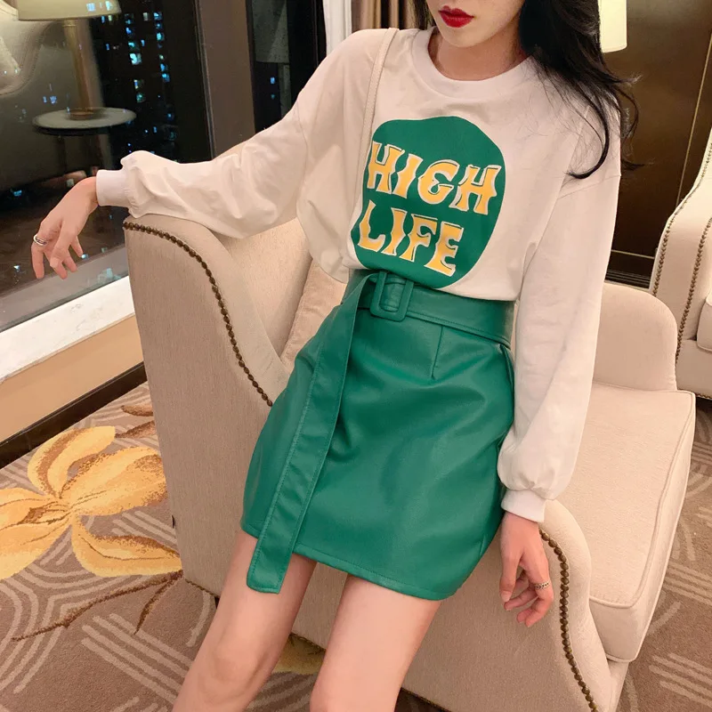 Heydress осенние однотонные женские оранжевые кожаные юбки Женская милая одежда, с поясом трапециевидные юбки с высокой талией женские зеленые мини юбки
