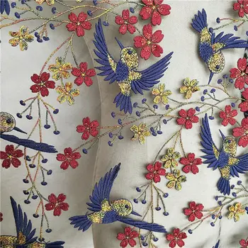 

embroidered tulle lace fabric with blue bird and red flower Nigerian Lace Fabric For Women French Mesh Lace Fabric