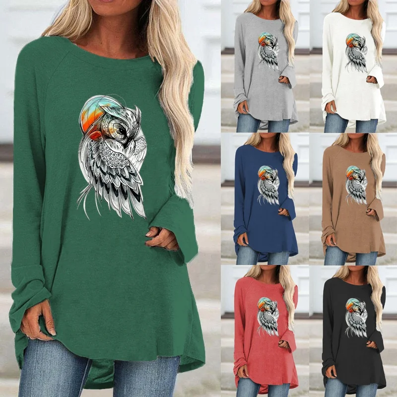 

Autumn and Winter Solid Color Fashion Women Printing Long Sleeve Elegent Round Neck Pullover Plus Size Loose Casual Shirt