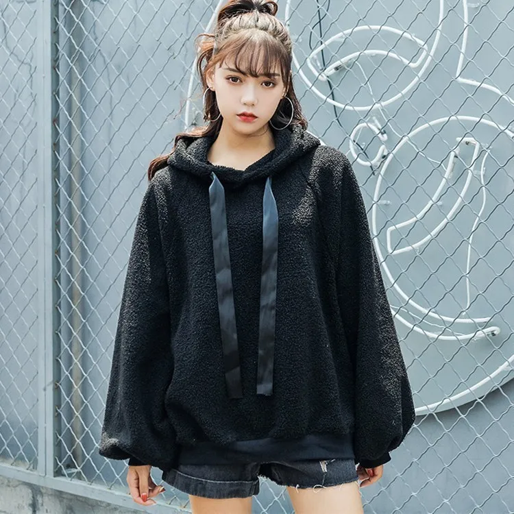 New Arrival Women Hooded Solid Hoodies Autumn Winter Lambswool Warm Sweatshirts Casual Lantern Sleeve Loose Tops