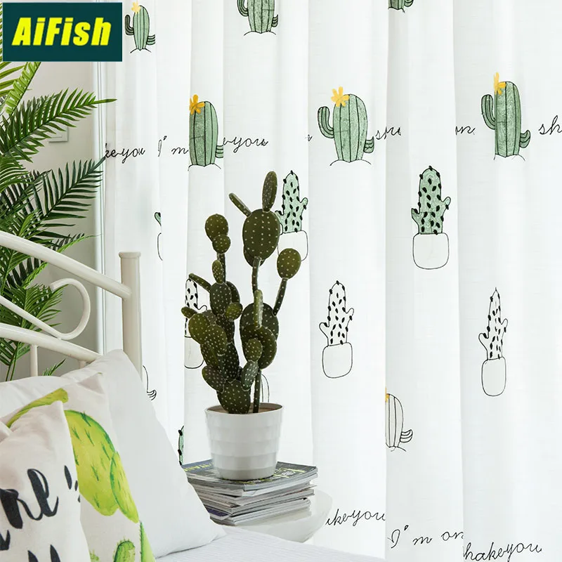 

Modern Simple White Cotton Linen Curtain for Bedroom Living room Green Cactus Plant Embroidered Fabric Curtain for Kitchen Door Window Balcony Curtain Nordic pastoral Semi-Shading Curtain Cortinas Rideau M176D3