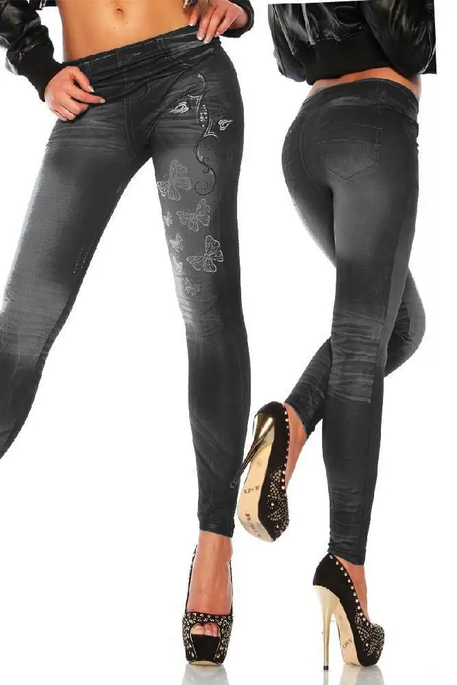 Женские новые модные классические эластичные тонкие леггинсы, сексуальные имитация джинсов Облегающие лосины, обтягивающие брюки большого размера - Цвет: Серый