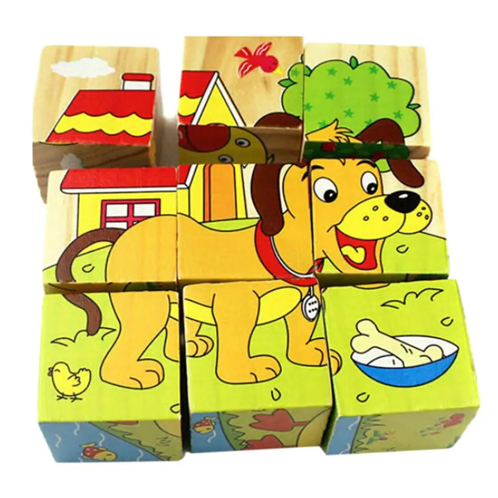 Dessin animé 3D motif Animal Cubes en bois blocs enfants développement intellectuel précoce enfants jouets éducatifs