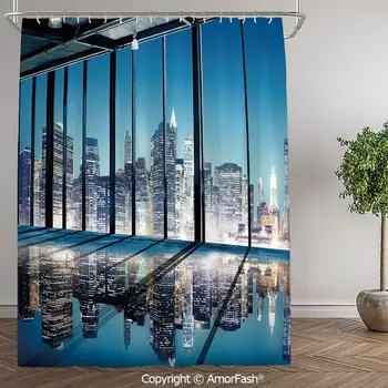 

Modern Decor,Bathroom Shower Curtains Durable Waterproof Fabric Bath Curtain Sets with 12 Hooks,60 x 72 Inch,Office Cityscape