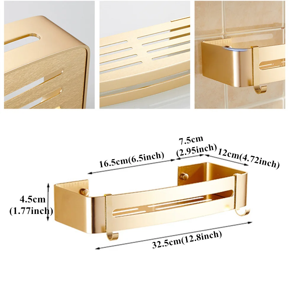 Золото Ванная комната полки прямоугольник душ Caddy пространство Алюминий полка с двумя крючками настенный 1/2/3 уровня хранения самоклеющиеся