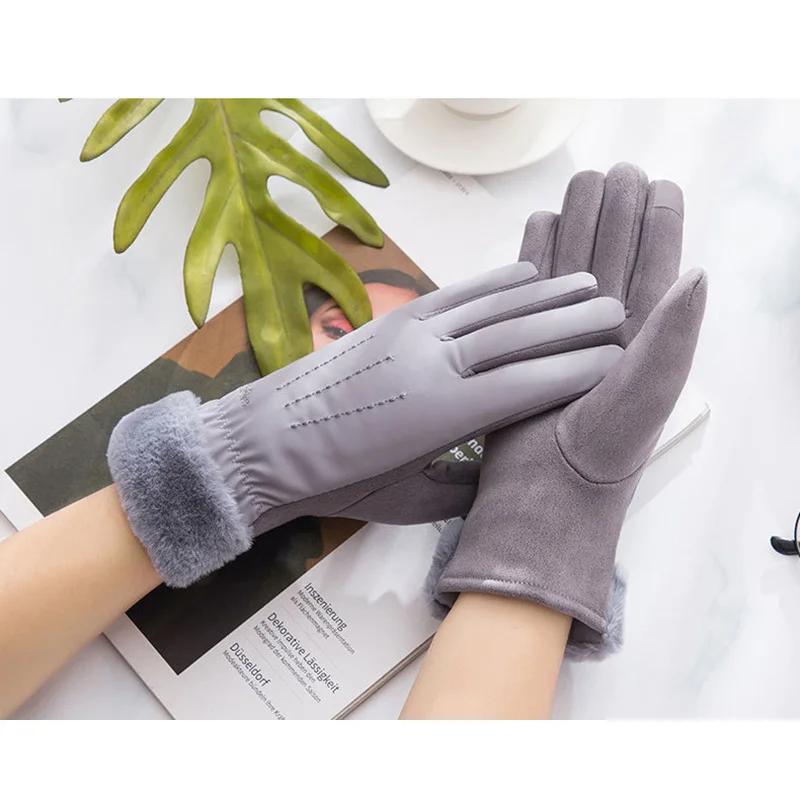 Lovely lace plush wrist touch screen gloves warm winter ladies riding outdoor riding touch screen warm gloves C64C