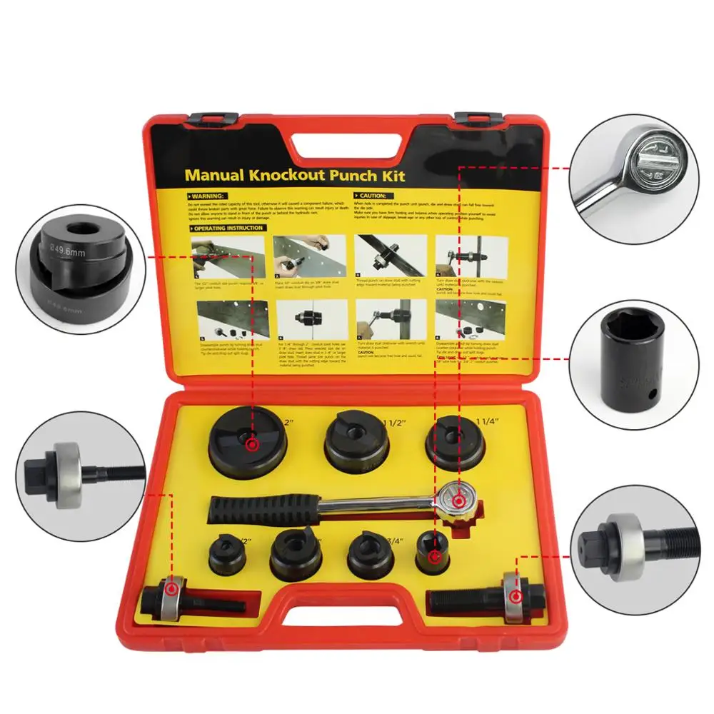 Manual Ratchet Knockout Hole Punch Driver Kit 1/2 to 2 inch Electrical