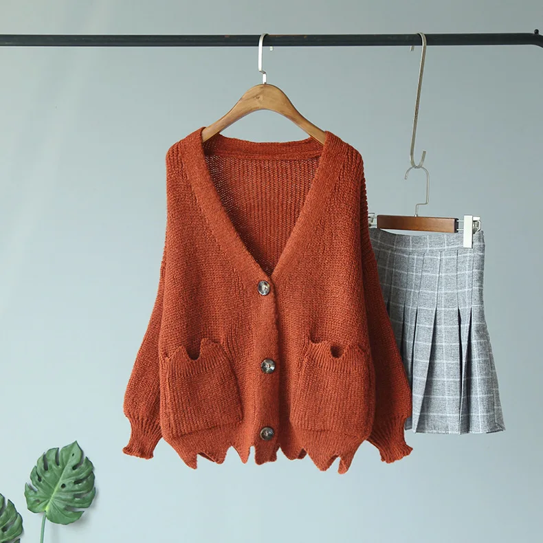 caramel colour Осенне-зимний Свободный кардиган с волнистым краем и v-образным вырезом, Женское пальто, корейский Кардиган, Женский вязаный кардиган, женский свитер, кардиганы - Color: caramel colour