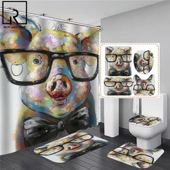 

Funny Animals Print Shower Curtains Bathroom Curtain Set Anti-slip Bath Mat Carpet Absorbent Toilet Cover Modern Home Decoration