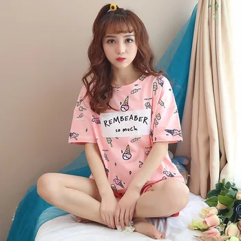 

2020 New Pajamas Women Girls Cute Print Letters Pajama Set Loose Short Sleeve Elastic Waist Cotton Lounge Pyjamas Big Yard M-XXL