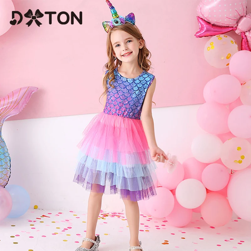 

DXTON Princess Dress For Girls Summer Kids Dresses Beach Party Vestidos Mesh Tutu Cartoon Dress Cotton Baby Girls Clothing 3-8Y