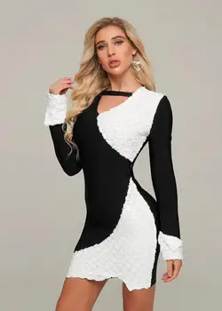 

Women Winter Style Sexy Long Sleeve Patchwork Bodycon Bandage Dress Designer Fashion Evening Party Dress Vestido