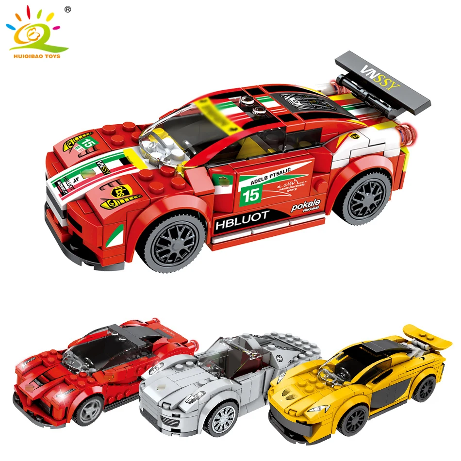 Цена 707 шт. 4 гоночных автомобиля скоростные чемпионы DIY строительные блоки Legoing Technic город фигуры гонщиков спортивные автомобили Кирпичи игрушки ...