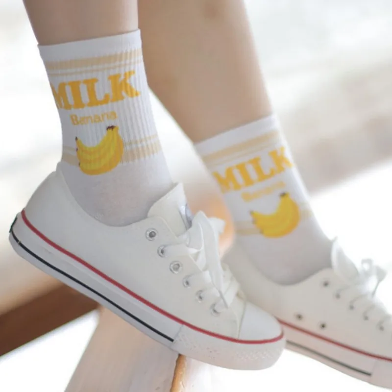 Pile Heap Milk Women Pink Socks Cotton Cartoon Fruit Print Cute Socks Meias Korean Harajuku Style with Cow Strawberry Banana 39