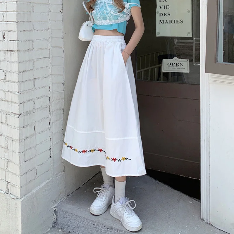 

Long Skirt Women's New Embroidery Summer All-match High-waist A-line Skirt