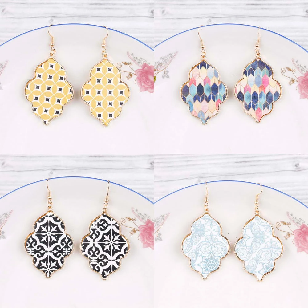 Zwpon Arabesque Print Pu Leather Morocco Earrings With Metal Frame 2020