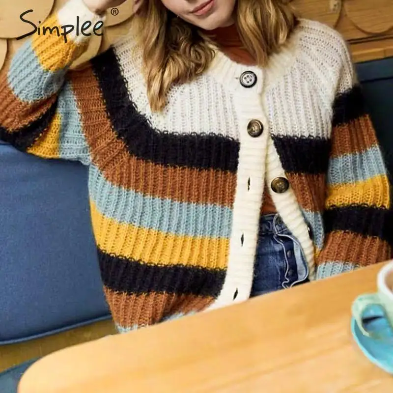 Simplee кнопка Корейский Харадзюку кардиганы свитер В Полоску Пэчворк вязаный