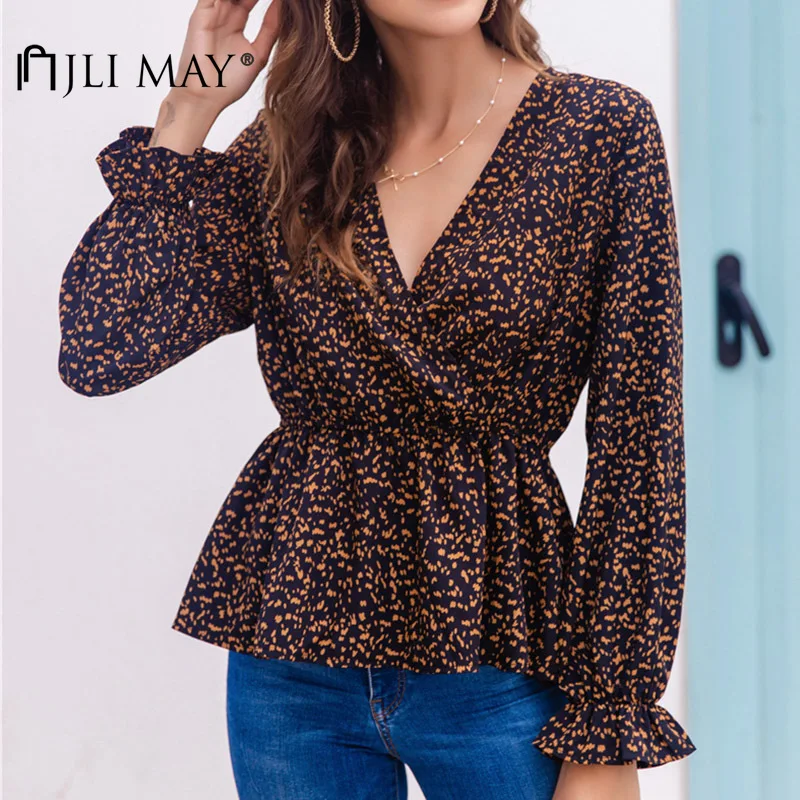 JLI MAY Women Print T-shirt Tops Elegant V-Neck Long Sleeve Slim Fit Patchwork Ruffles Fall Autumn Casual T-shirts | Женская одежда