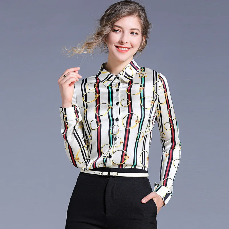

blusas mujer de moda 2019 Striped Women Blouse Long Sleeve Shirts Office Lady Chiffon blusa Turn Down Collar White Red Blouses