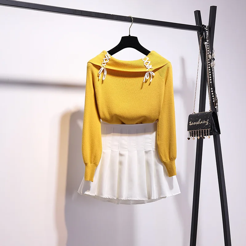 

Online Celebrity Autumn And Winter WOMEN'S Suit Playful Western Style Graceful Fold-down Collar Sweater Pleated A- line Skirt Tw