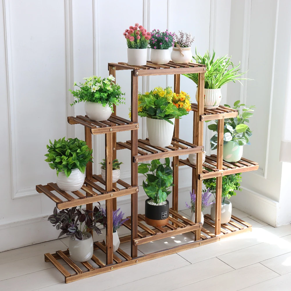 Multi-tiered Plant Stand 9 Tier Carbonized Wood Flower Rack Display Stand Indoor aluminium outdoor furniture