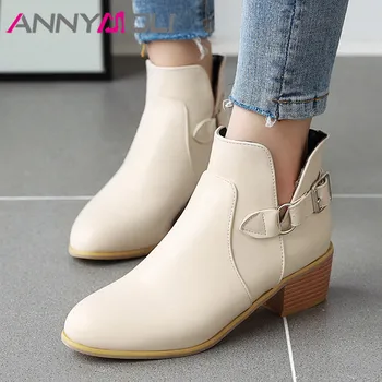 

ANNYMOLI Buckle Short Boots Med Heel Ankle Boots Woman Thick Heel Shoes Round Toe Female Footwear Warm Winter Black Apricot 43